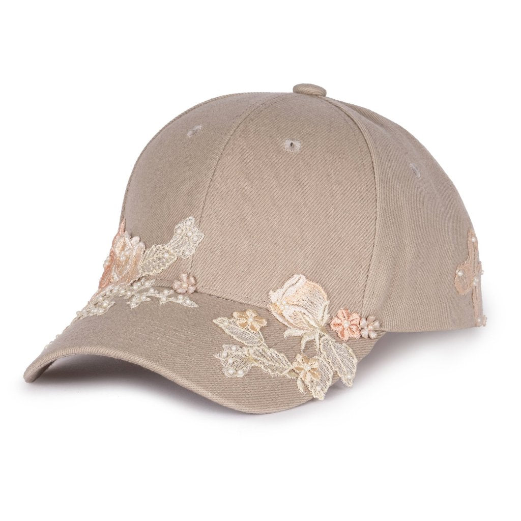 Beige Floral Embroidered Pearl Accent Baseball Cap Wholesale Floral Print Brocade 5 Panels Two Tone Baseball  main image 4