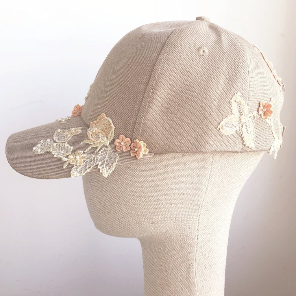 Beige Floral Embroidered Pearl Accent Baseball Cap Wholesale Floral Print Brocade 5 Panels Two Tone Baseball  main image 2