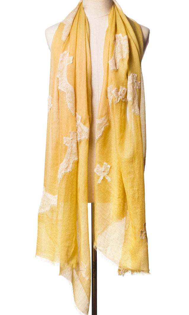Pearls-en-Bows Honey Yellow Cashmere Lace Scarf