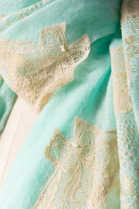 Pearls-en-Bows Aqua Green Cashmere Lace Scarf